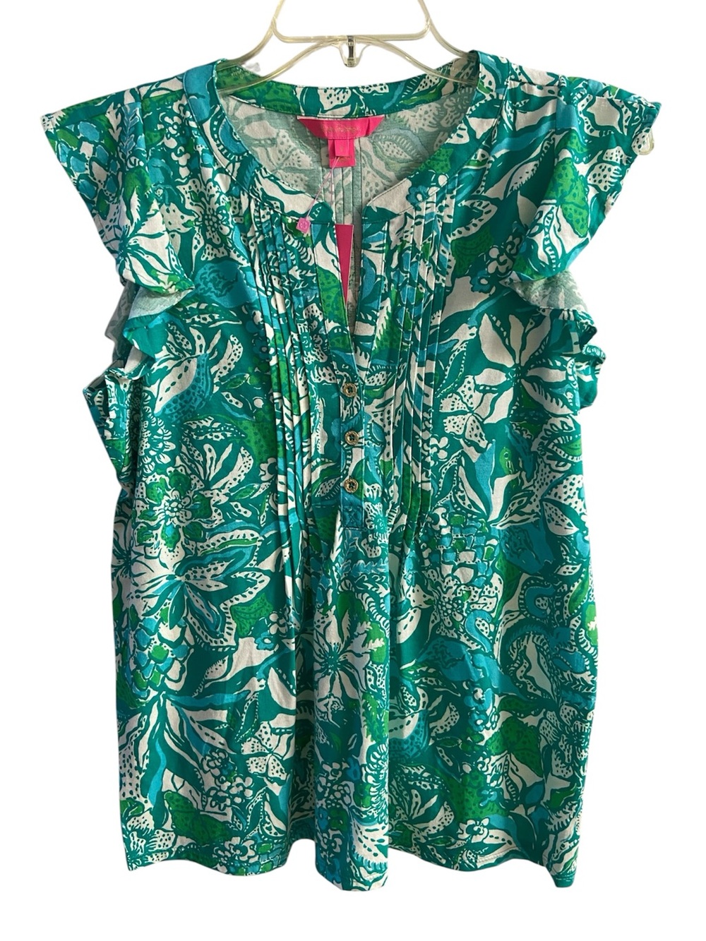 Lilly Pulitzer Teal & White Floral Pintuck Tank blouse Small NWT - Picture 2 of 7